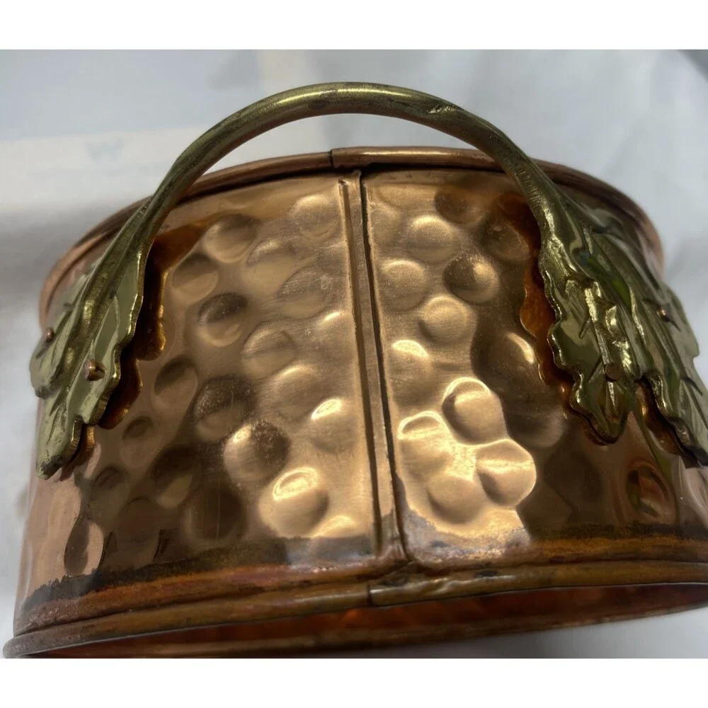 Hammered Copper Casserole Candle Ring Holder Brass Leaves 6.5